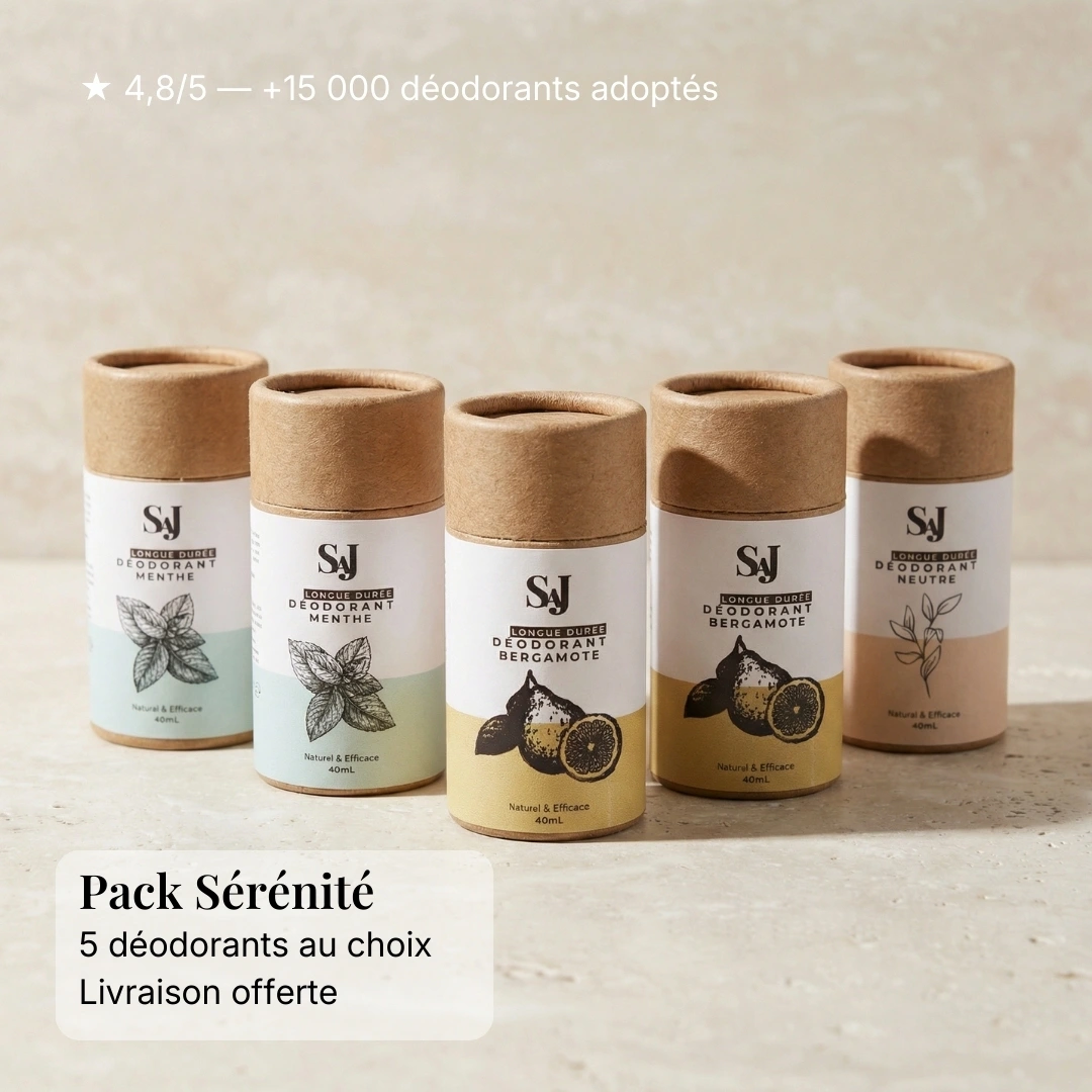 Pack Sérénité — 5 Déodorants Solides Longue Durée (au choix) 1 Pack Sérénité - Déodorant Solide SAJ